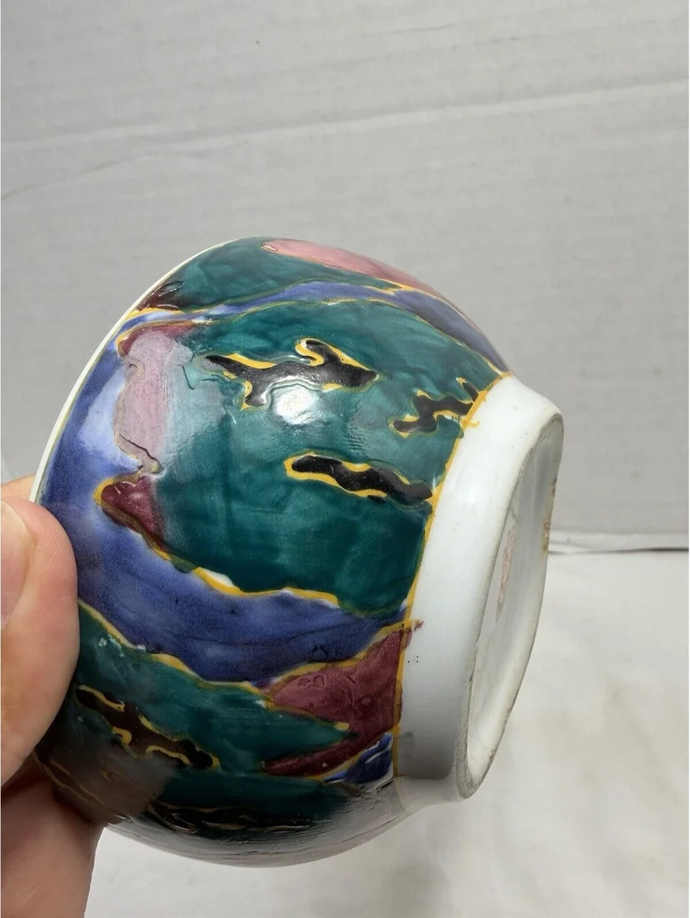 Vintage Hand Painted Studio Pottery Lidded Round Dish Abstract Glaze Ceramic